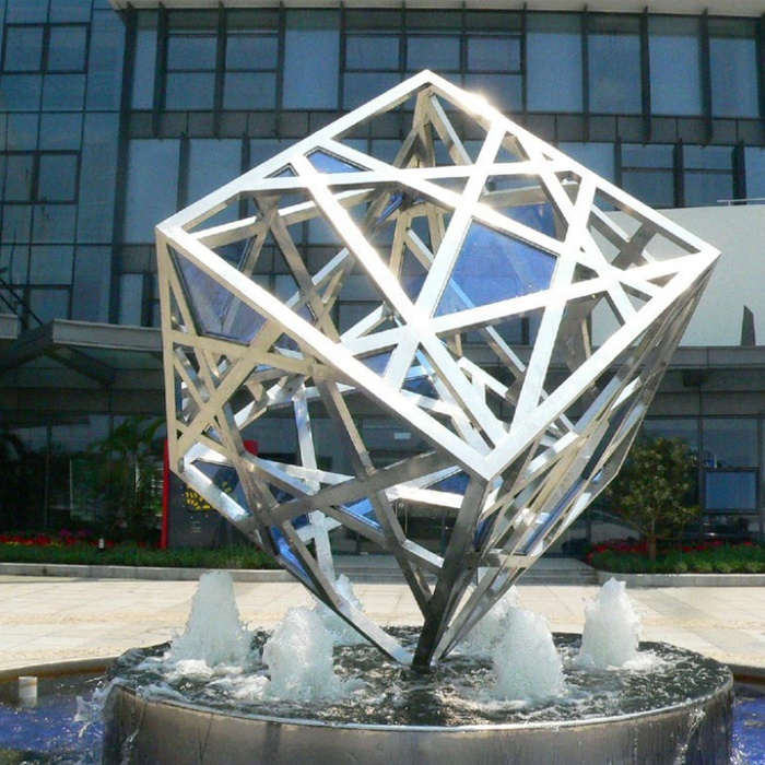 Large Metal Cube Sculpture Stainless Steel Outdoor Water Fountain 