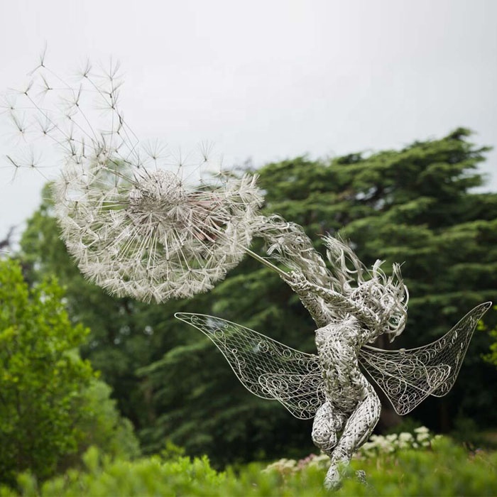 Stainless Steel Outdoor Large Wire Fairy and Dandelion Sculpture