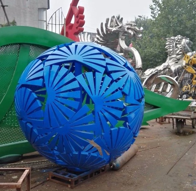 globe stainless steel garden sculpture blue