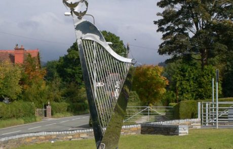 large metal artwork stainless steel harp sculpture