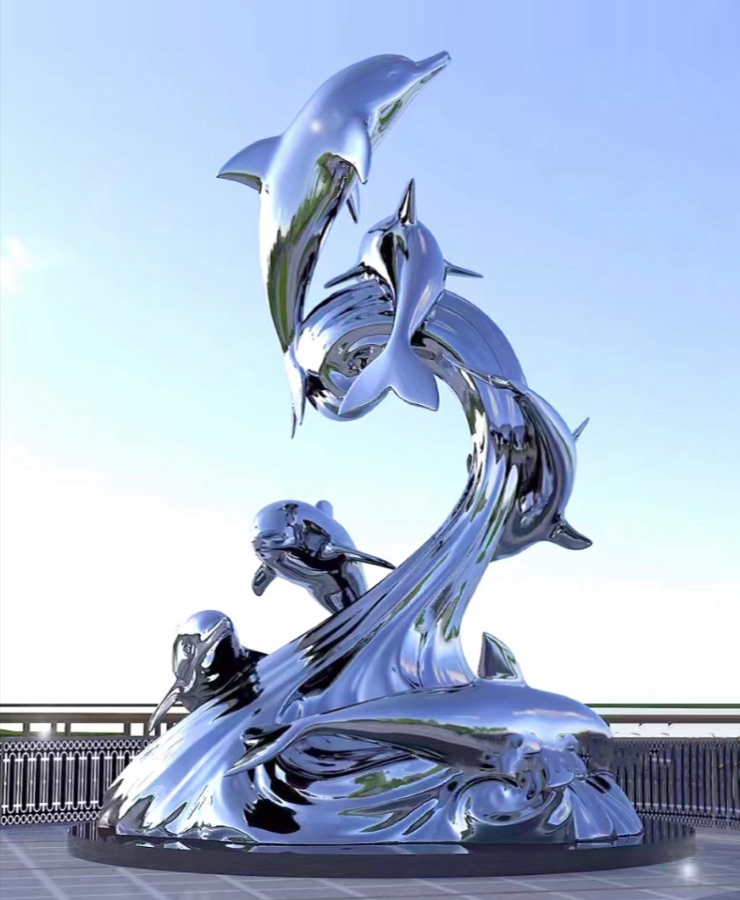Large City Sculpture- dolphin fountain urban stainless steel sculpture