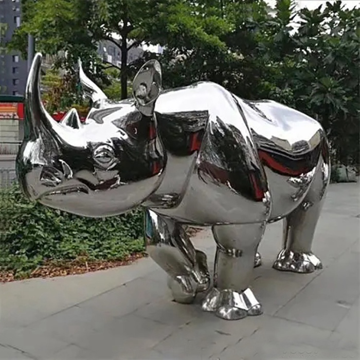 stainless steel life size rhino mirror statue