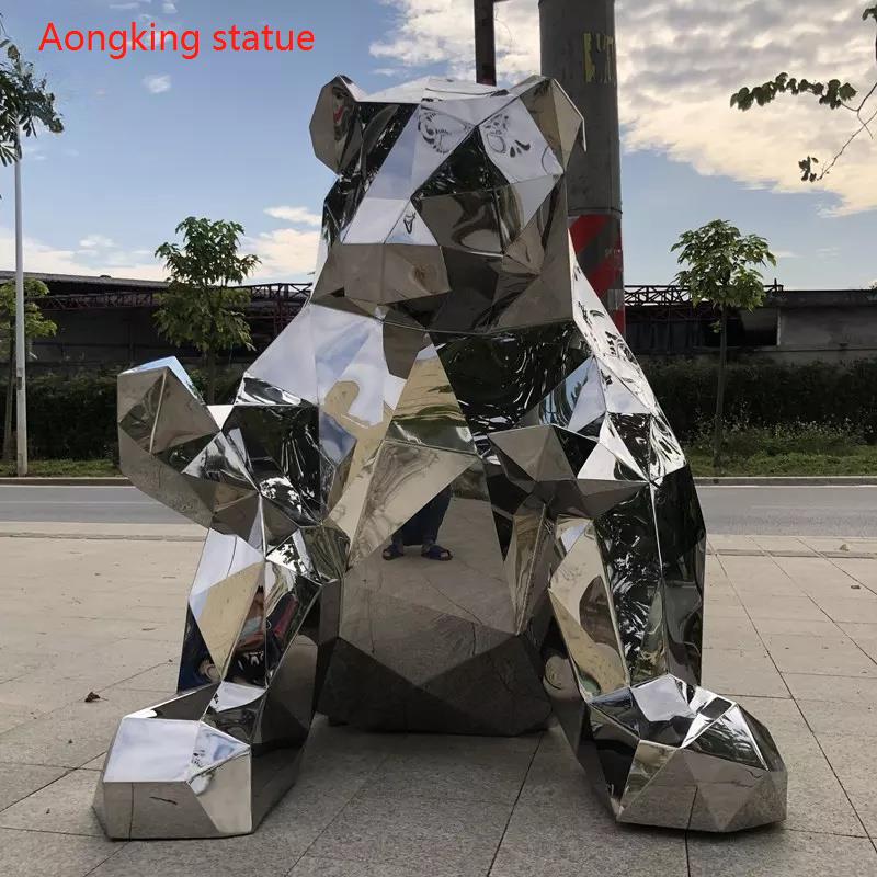 geometric mirror bear sculpture stainless steel