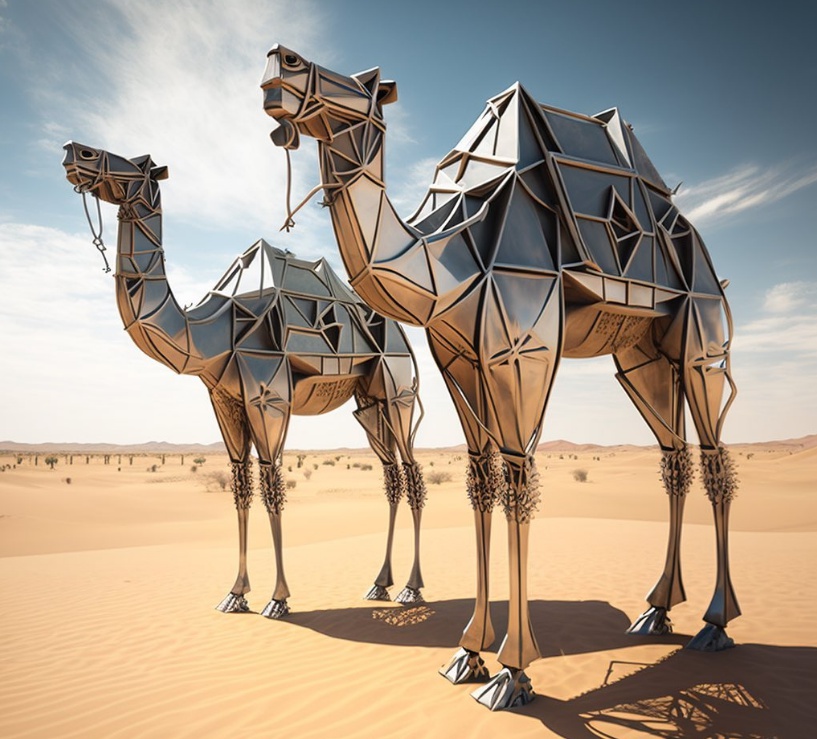 Commuting camels stainless steel sculpture