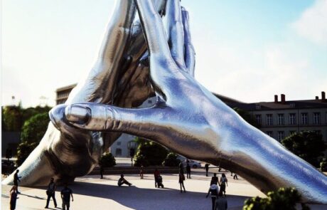stainless steel giant hands sculpture