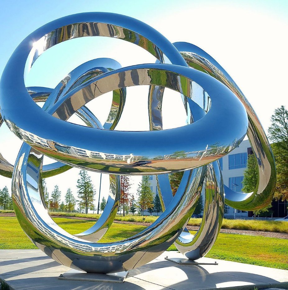 Large outdoor yard dotted Triple Infinity Curve stainless steel sculpture