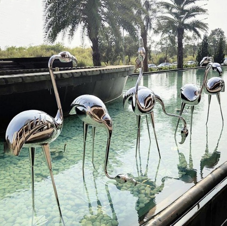 Tropical animal pond decoration metal polished stainless steel Flamingo sculpture
