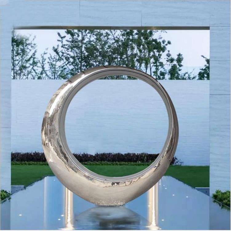 Villa entrance Minimalist style mirror stainless steel ring sculpture pond decoration (1)
