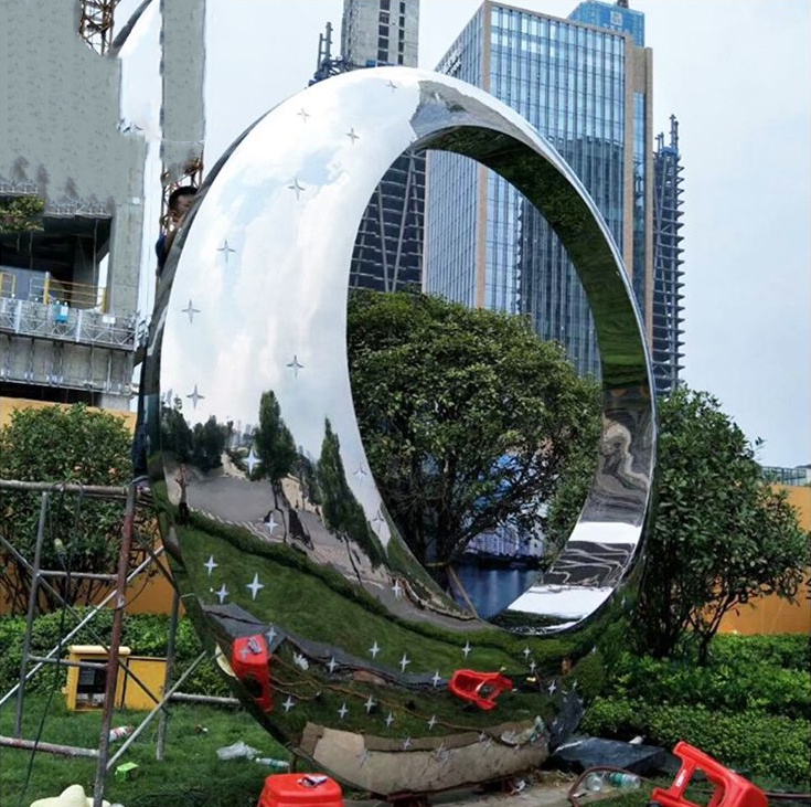 Villa entrance Minimalist style mirror stainless steel ring sculpture pond decoration (2)