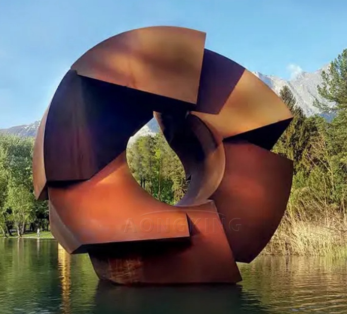corten steel pond sculpture