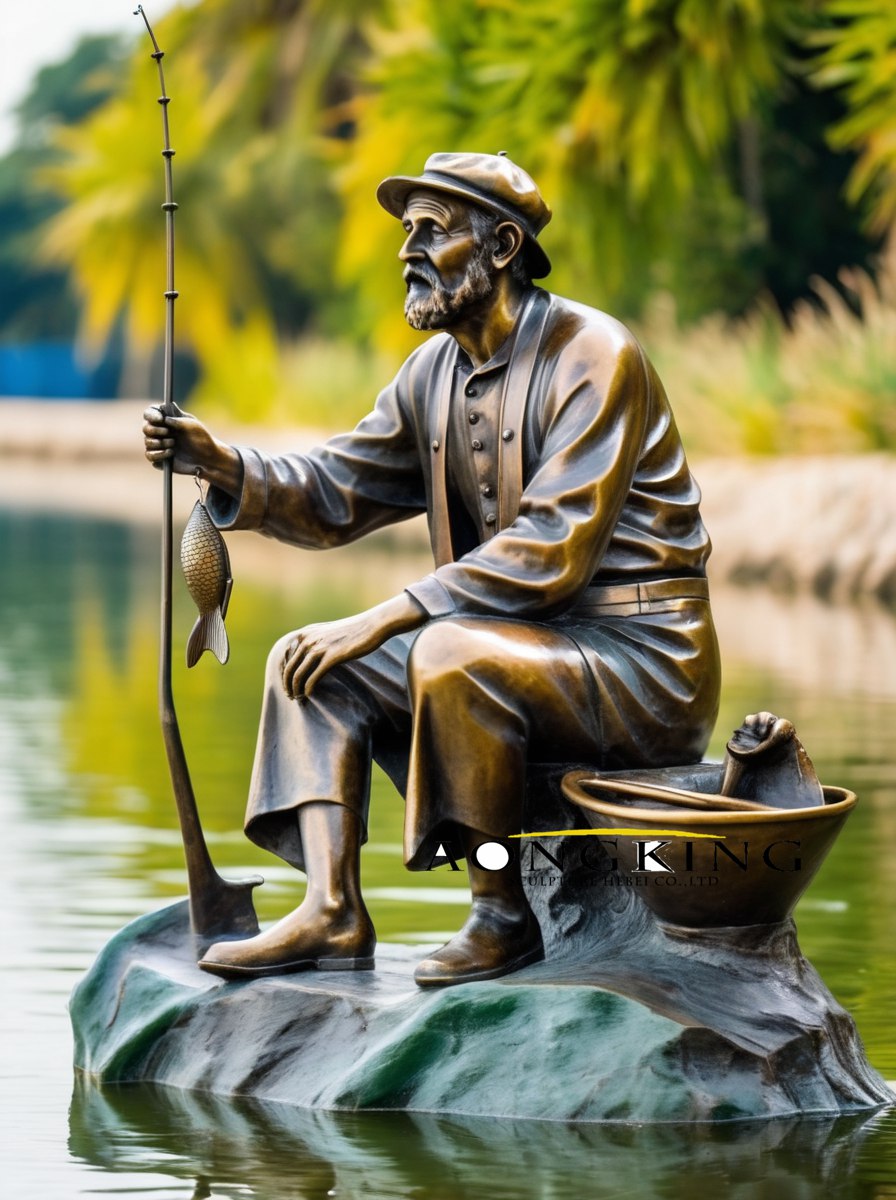 Bronze fishing angler sculpture