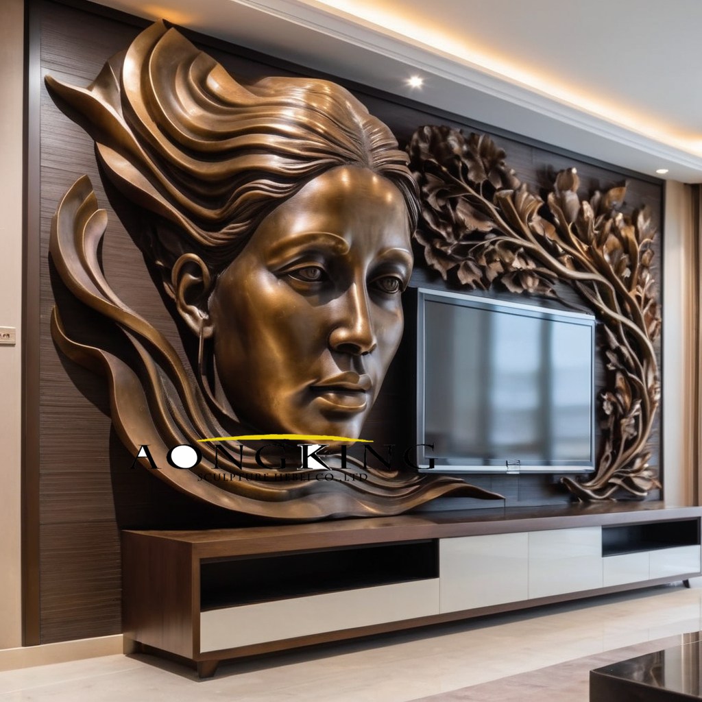 TV wall decor female head with elegant bronze flower relief
