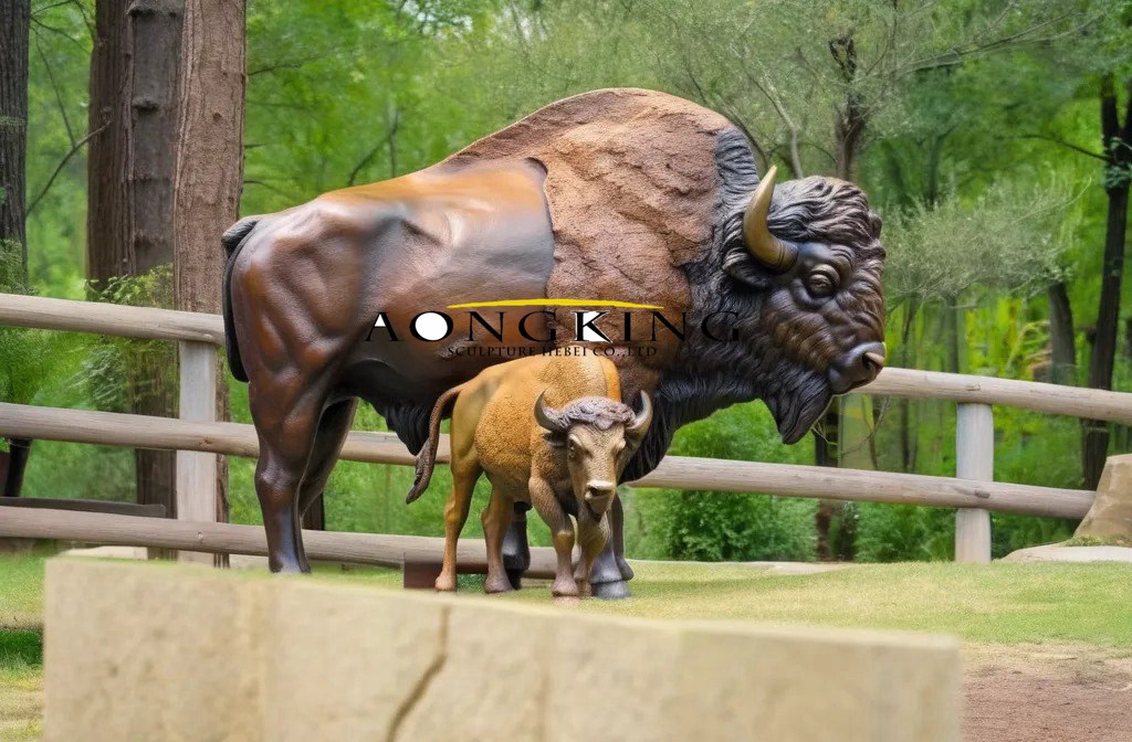bronze American Bison and baby statues