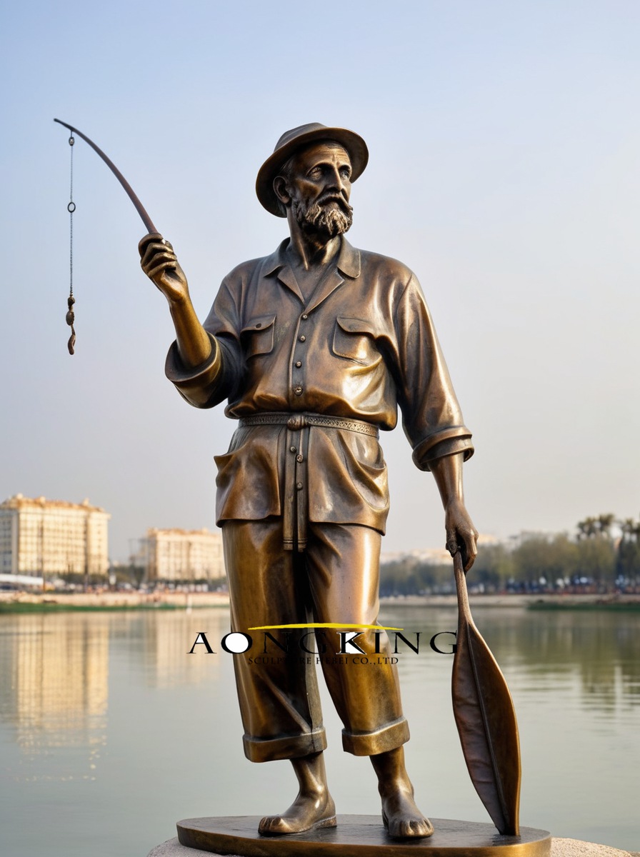 bronze Angler sculpture fisherman